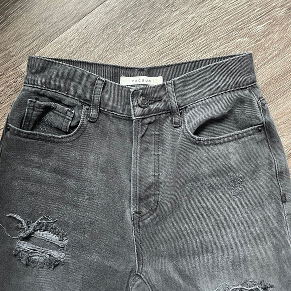 PACSUN High Rise Straight Black Wash Button Fly Raw Hem Knee Holes Jeans Size 23 - Picture 2 of 7